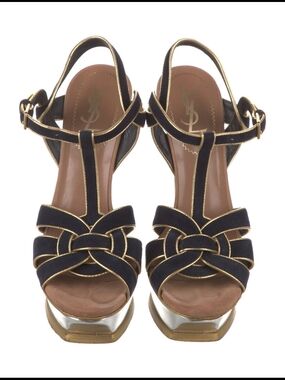 Saint Laurent Black and Gold Knotted T-Strap Platform Sandals